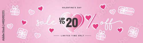 Valentine's Day Sale up to 20 % off handwritten typography lettering line design with many sweet pink hearts and gift boxes Promotion shopping template for Love and Valentine's Day concept