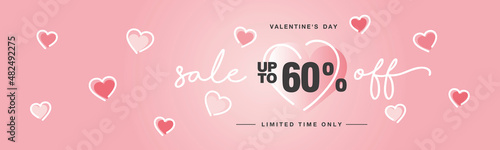 Valentine's Day Sale up to 60 % off handwritten typography lettering line design with many sweet pink hearts Promotion shopping template for Love and Valentine's Day concept