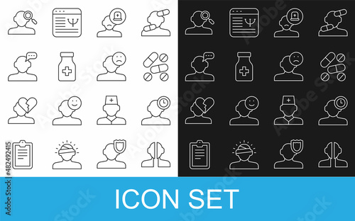 Set line Bipolar disorder, Insomnia, Medicine pill tablet, Male doctor, Sedative pills, Online psychological counseling, Finding problem psychology and Sad and depressed man, bad mood icon. Vector
