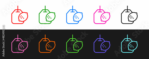 Set line Tea bag with lemon icon isolated on black and white background. Vector