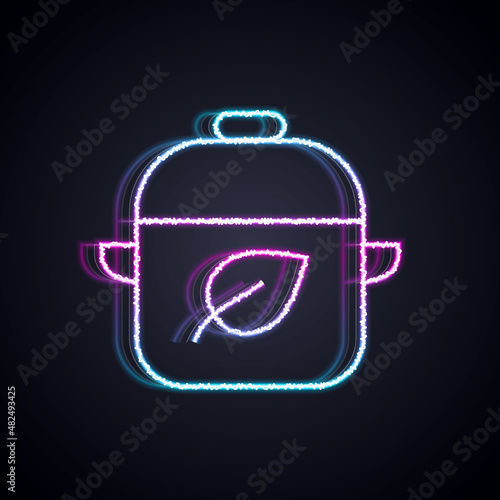 Glowing neon line Vegan food diet icon isolated on black background. Organic, bio, eco symbol. Vegan, no meat, lactose free, healthy, fresh and nonviolent food. Vector
