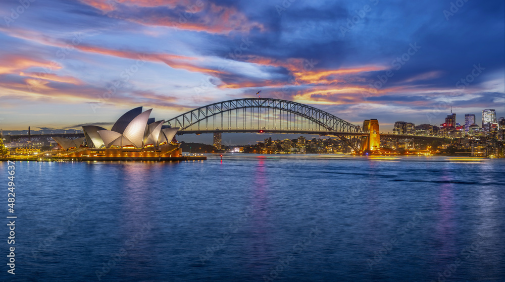 Sydney Harbour Australia at Sunset with the turquoise colours of the bay and high rise offices of the City in the background