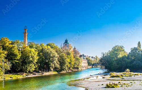 View on summer landscape day at Isar river in Munich photo