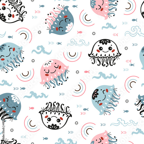 Cute Jellyfish Summer Sea Background for Kids. Vector Seamless Childish Pattern with Doodle Medusa Kawaii Characters, Waves, Little Fish and Rainbows