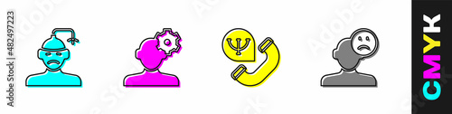 Set Concussion, headache, Solution problem in psychology, Online psychological counseling and Sad and depressed man, bad mood icon. Vector