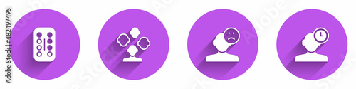 Set Sedative pills, Schizophrenia, Sad and depressed man, bad mood and Insomnia icon with long shadow. Vector
