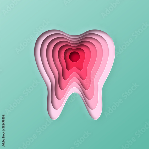 Realistic 3D paper cut human tooth illustration. Layered colorful dental organ for dentist surgery, wisdom teeth removal or toothache pain concept.