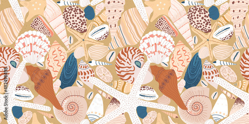Diverse tropical beach sea shell seamless pattern. Summer marine animal background design. Vacation travel concept. Ocean snail collection flat cartoon backdrop illustration.