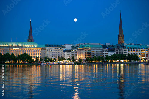Binnenalster in the moonlight, Hamburg