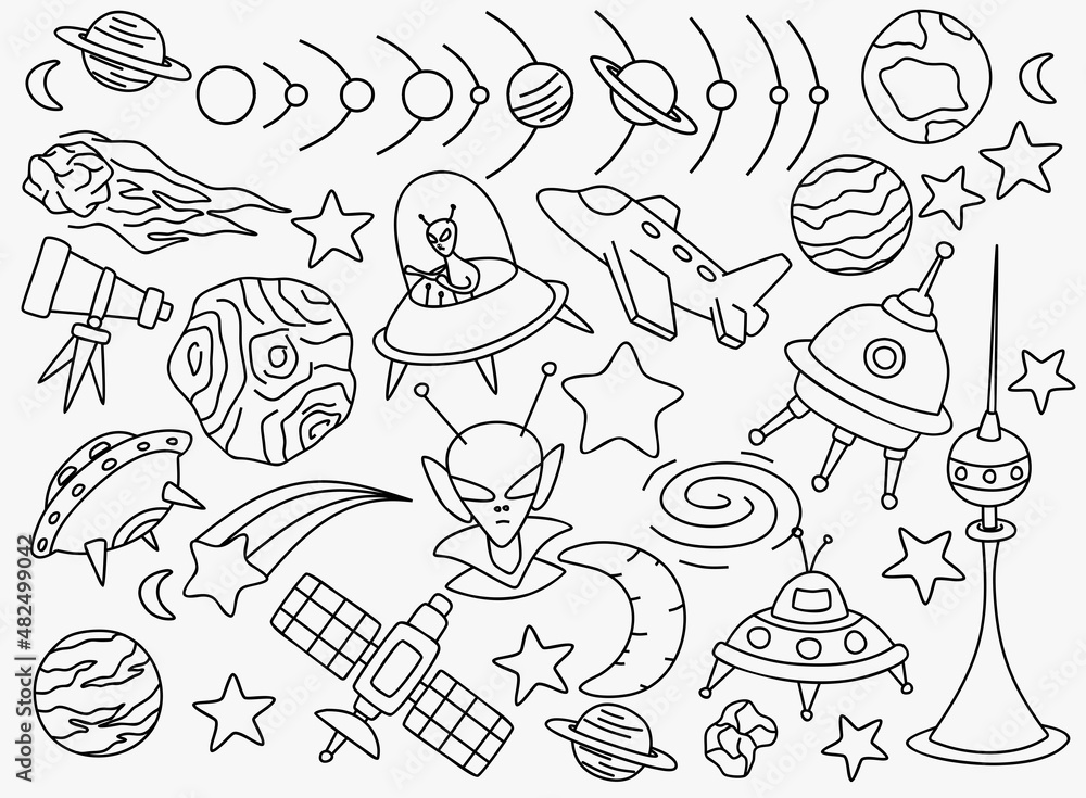 Space doodles set. Astronomy. Cosmic sketches. Zodiac. Planets. Moon and stars. Sun. Spaceship. Meteor. Comet. Alien. Asteroid. Cosmic set. Constellation. Space stickers. Universe scribbles. Galaxy.