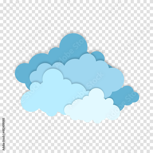 Blue paper cut out cloud icons, signs,weather symbols. Paper cut lot of clouds. Sunny day clouds. Creative paper craft art style, vector illustration.