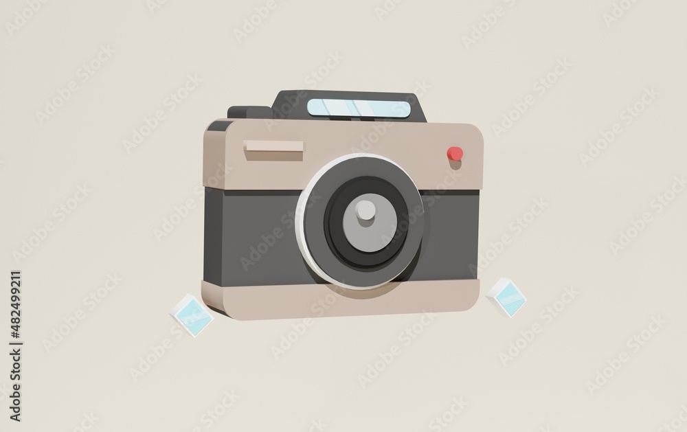 3D camera on brown background with photo sheet, technology and photography theme. 3d rendering illustration