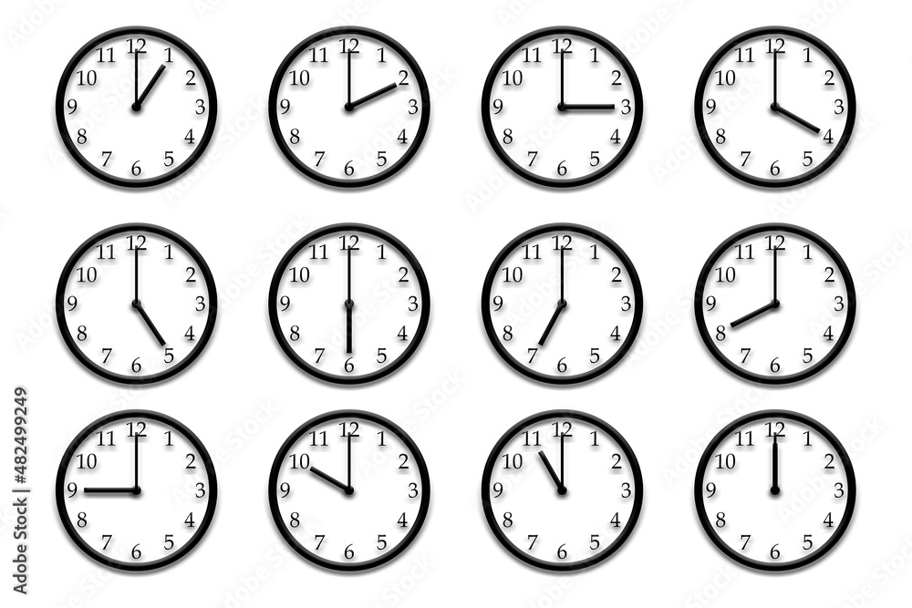 Twelve embossed wall clocks, each showing a different full hour of the day, 1-12. For use in other illustrations. Twelve embossed wall clocks, each showing a different full hour of the day, 1-12. For use in other illustrations.