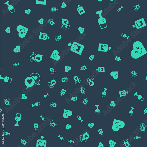 Set Perfume, Glass of champagne, Heart in speech bubble and on seamless pattern. Vector