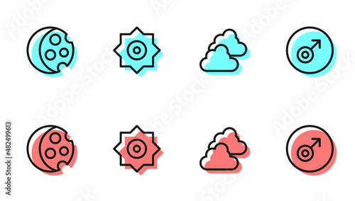 Set line Cloudy weather, Eclipse of sun, Falling star and Mars symbol icon. Vector