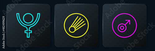 Set line Symbol Pluto, Mars symbol and Comet. Black square button. Vector