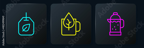 Set line Tea bag with leaf, French press and Cup of tea. Black square button. Vector