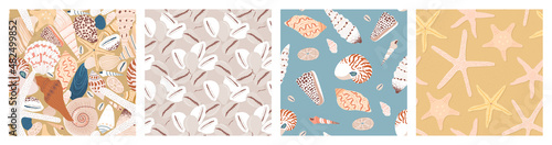 Vintage tropical beach sea shell seamless pattern collection. Summer marine animal background set. Vacation travel concept. Ocean snail collection flat cartoon backdrop illustration.