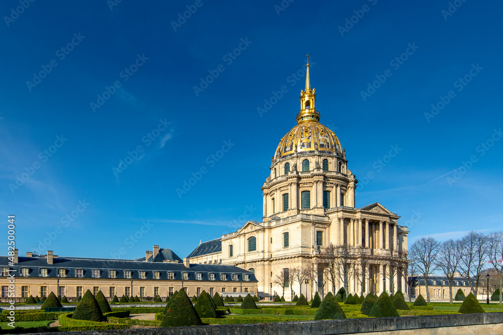 Paris, France - March 28, 2021: Les Invalides is a complex of museums and monuments in Paris, France. Les Invalides is the cemetery of some of the French war heroes, including Napoleon Bonaparte