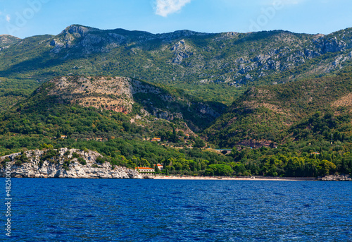 Spectacular Balkans mountains and Adriatic Sea . View of Milocer beach in Montenegro near Sveti Stefan