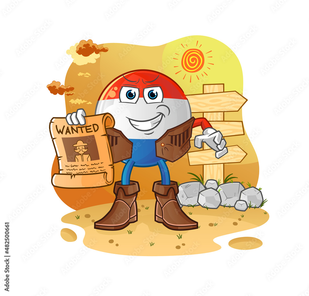 Naklejka premium dutch flag cowboy with wanted paper. cartoon mascot vector