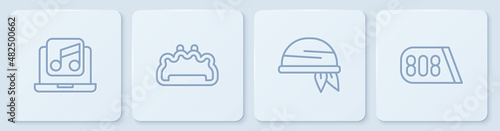 Set line Laptop with music, Bandana, Brass knuckles and Drum machine. White square button. Vector