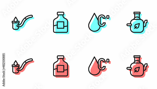 Set line Water temperature, Sauna ladle, Bottle of vodka and Teapot with leaf icon. Vector