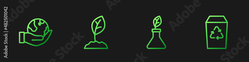 Set line Plant breeding, Hand holding Earth globe, Sprout and Recycle bin. Gradient color icons. Vector