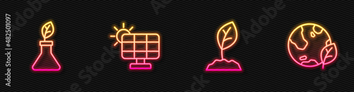 Set line Sprout, Plant breeding, Solar energy panel and Earth globe and leaf. Glowing neon icon. Vector