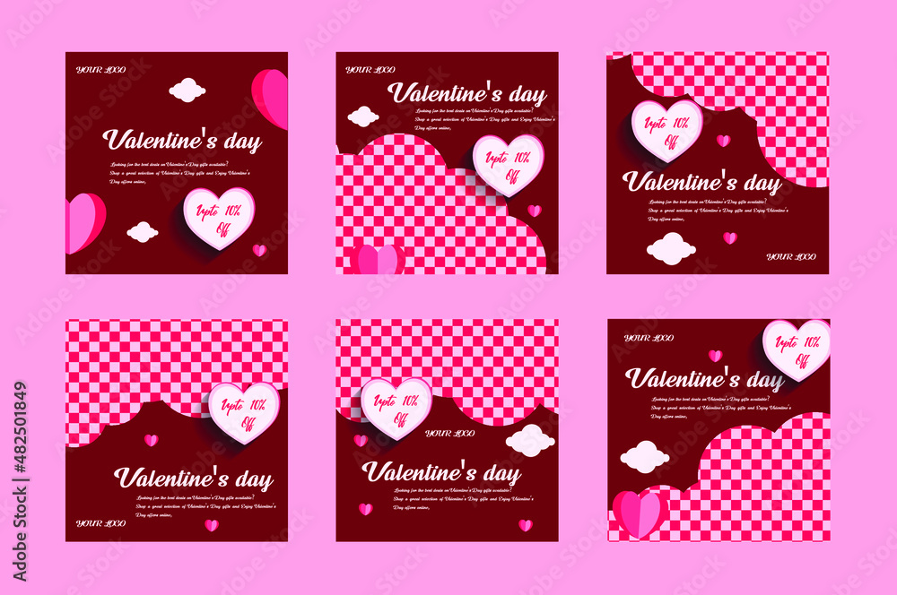 Valentine's Day sale business marketing social media square templates. Valentine's day banner post template design with love and clouds, brand logo, and image. 