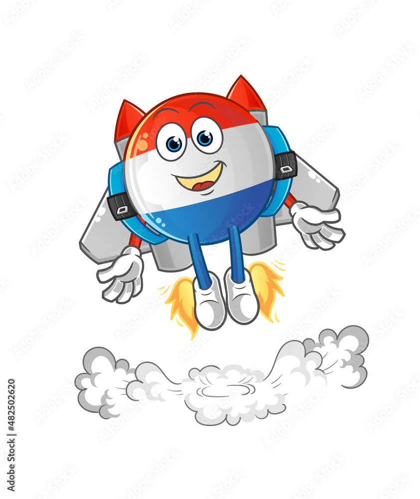 dutch flag with jetpack mascot. cartoon vector