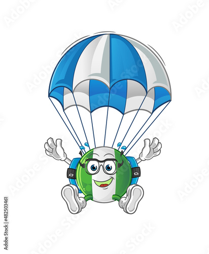 nigerian flag skydiving character. cartoon mascot vector