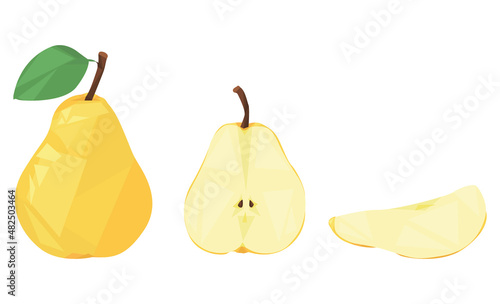 yellow pear isolated on white background. whole pear, half and slice of pear. geometric style. fresh fruits. flat vector.