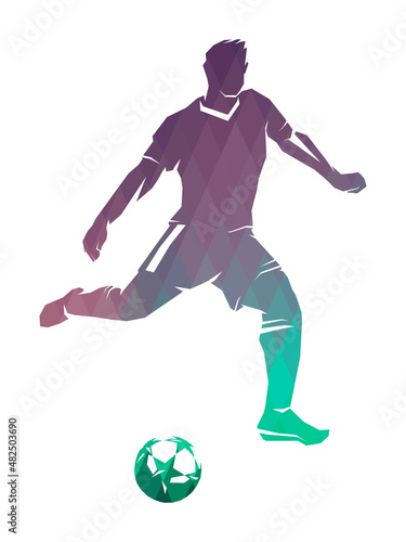 Fototapeta Naklejka Na Ścianę i Meble -  Football player with a ball, color isolated image on a white background with an inscription, a template for the concept of football. Vector illustration