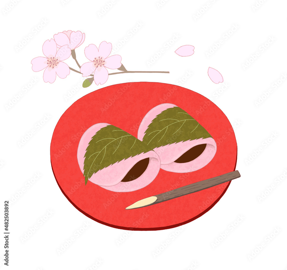 桜の花と赤い皿の上の桜餅