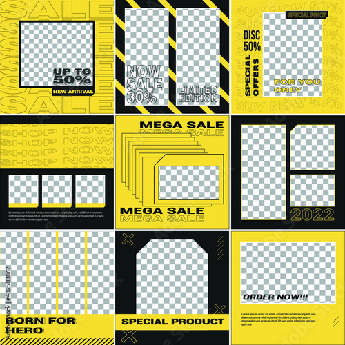 Set of minimally editable square banner templates. Black and yellow background color with stripes shape. Suitable for social media posting and web internet advertising. Vector illustration with photo 