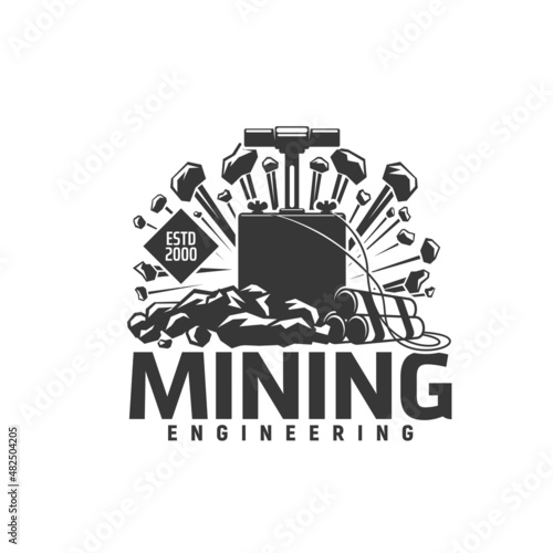 Mining engineering icon. Vector coal mine dynamite sticks and vintage detonator plunger box, power explosion with mineral rocks. Mining industry drilling and blasting works equipment isolated icon