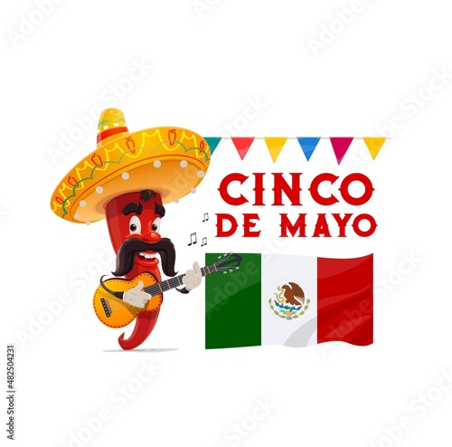 Cinco de Mayo mariachi pepper character with vector Mexican musician sombrero hat, guitar and mustaches, flag of Mexico and festive bunting garland. Mexican holiday fiesta party cartoon greeting card
