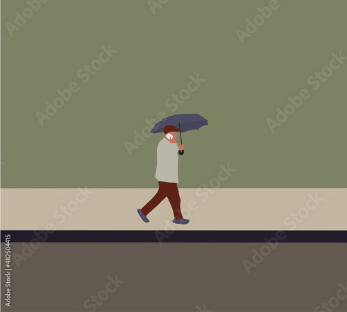 Man wearing medical mask walking in the city while chatting mobile phone with umbrella in hand. Vector Design