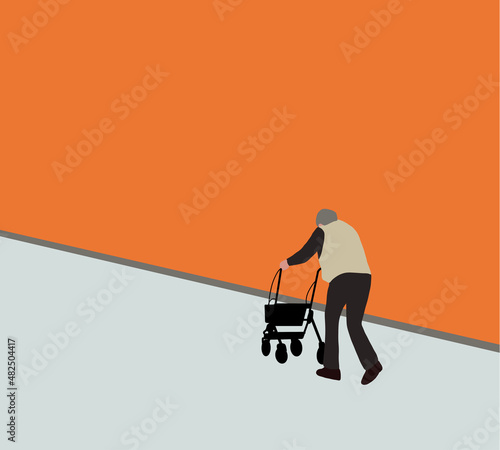 Senior man with Walking Frame on street. Old bearded male character with physical disability or impairment. Colorful vector illustration in flat cartoon style.