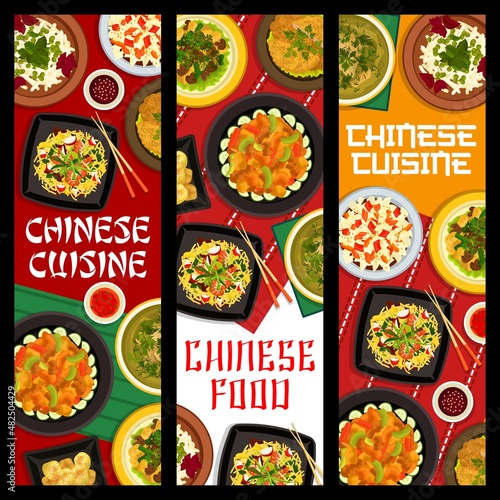 Chinese cuisine banners with vector dishes of Asian seafood, meat and vegetable food. Noodle shrimp and napa cabbage salads, rice soup, szechuan pork, mushroom stew and steamed dumpling dessert