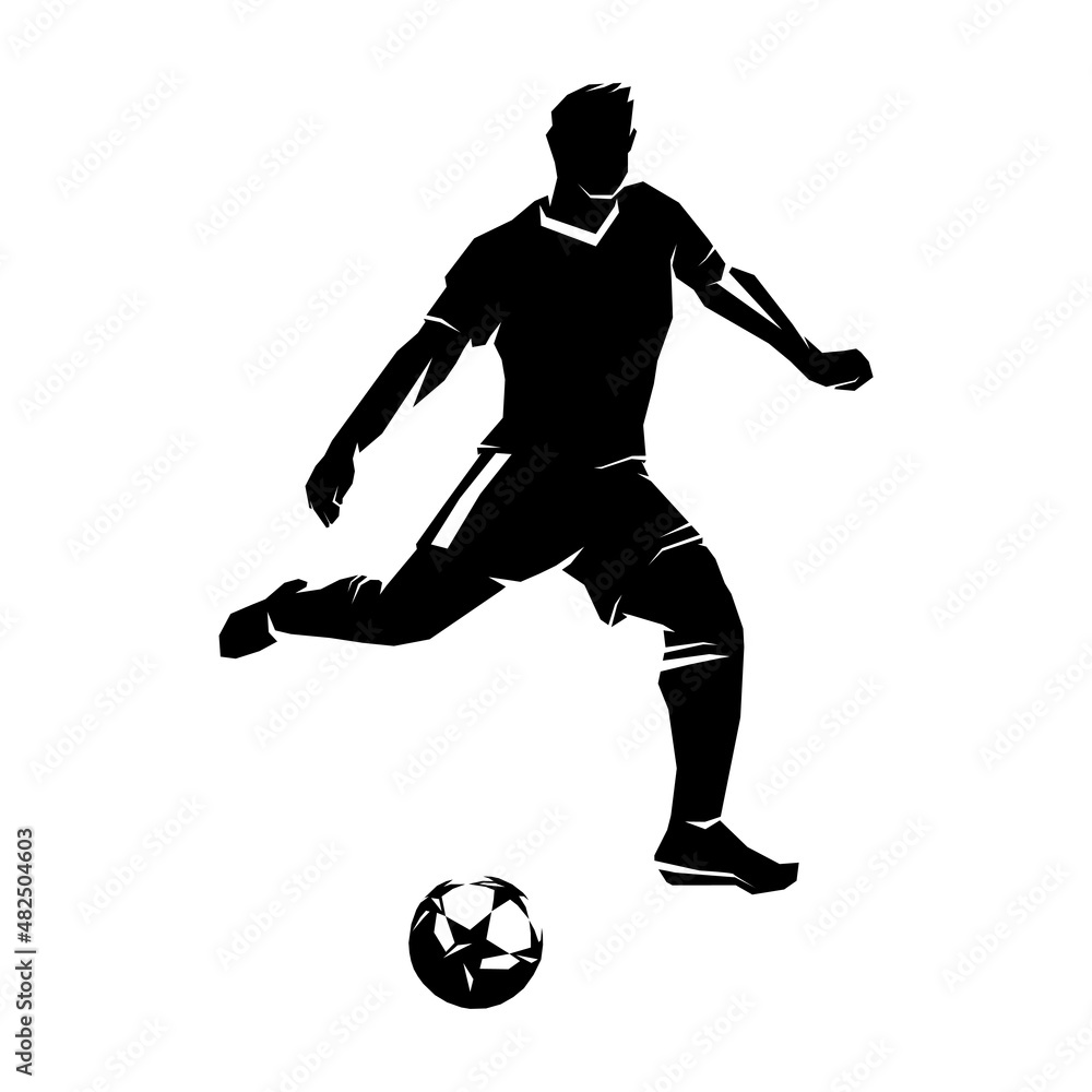 Soccer player with ball, black isolated image on white background, template for football concept. Vector illustration