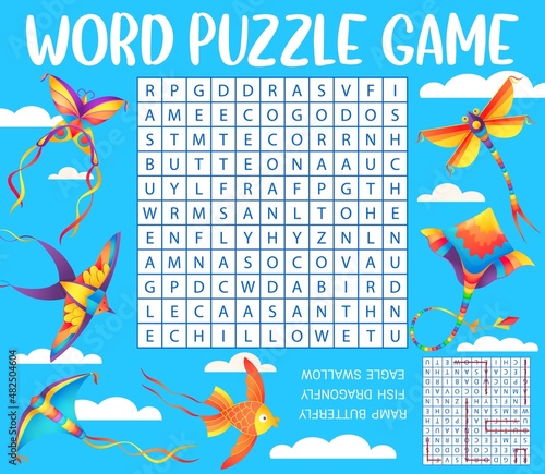 Kites in blue sky, word search puzzle game worksheet, vector kids quiz grid. Puzzle or riddle to find crossword of cartoon kites in shape of butterfly, fish and dragon, eagle and swallow bird