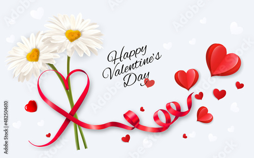 Happy Valentine's Day getting card  with two white daisies and a red heart shape ribbon. Vector.