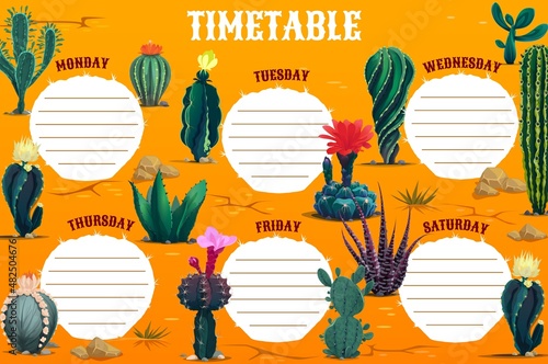 Timetable schedule with Mexican cactus succulents in desert, vector kids education worksheet. School and kindergarten timetable schedule or lessons weekly planner with Mexican cacti