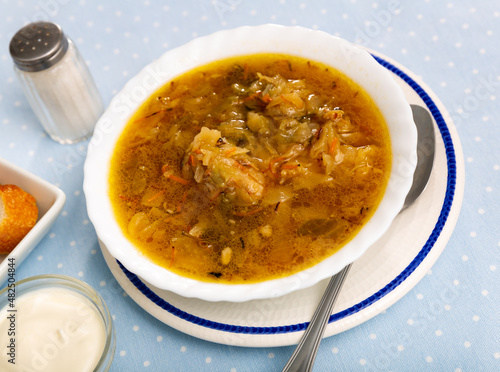 Fotografie Traditional Russian Shchi - cabbage soup cooked on mushroom broth with pork seasoned with rustic sour cream