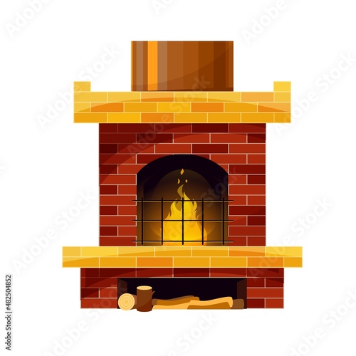 Brick fireplace or hearth with firewood and burning fire. Vector traditional style indoors chimney with grate and place for logs. Vintage home fireside, heating system isolated cartoon design element