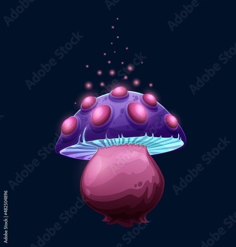 Fantasy magic purple mushroom with growth, toxic toadstool, cartoon vector icon. Luminous fairy tale magic mushroom or amanita fungi with acid blue cap and purple poisonous warts