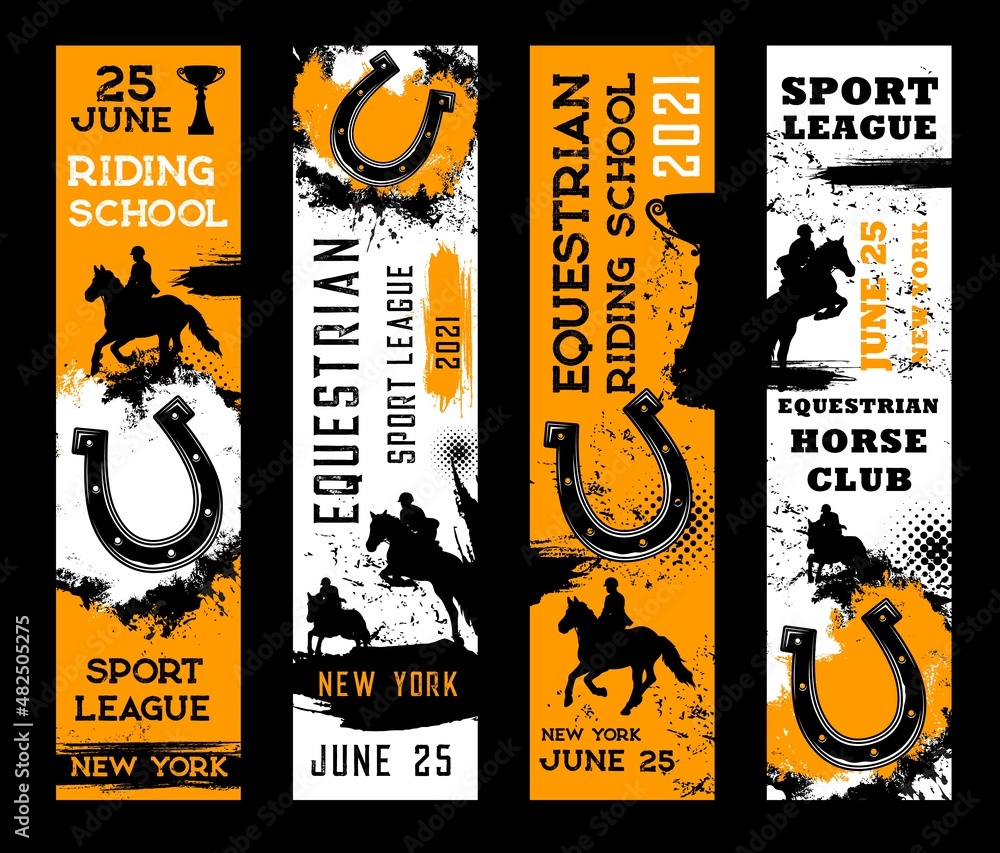 Equestrian sport banners. Horse riding and racing, horseshoes and polo