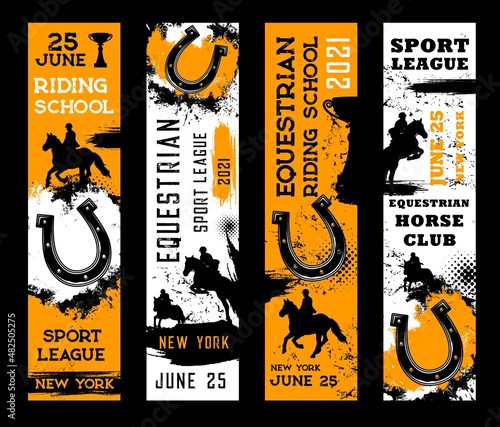 Equestrian sport banners. Horse riding and racing, horseshoes and polo jockey. Horse races club vector flags for equine steeplechase tournament or riding school and hippodrome with halftone